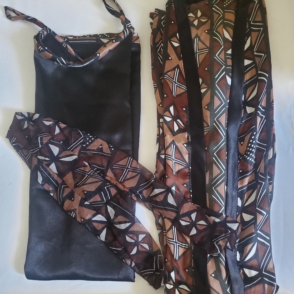Silk African Print  Sleepwear Set BLK Brown Size L